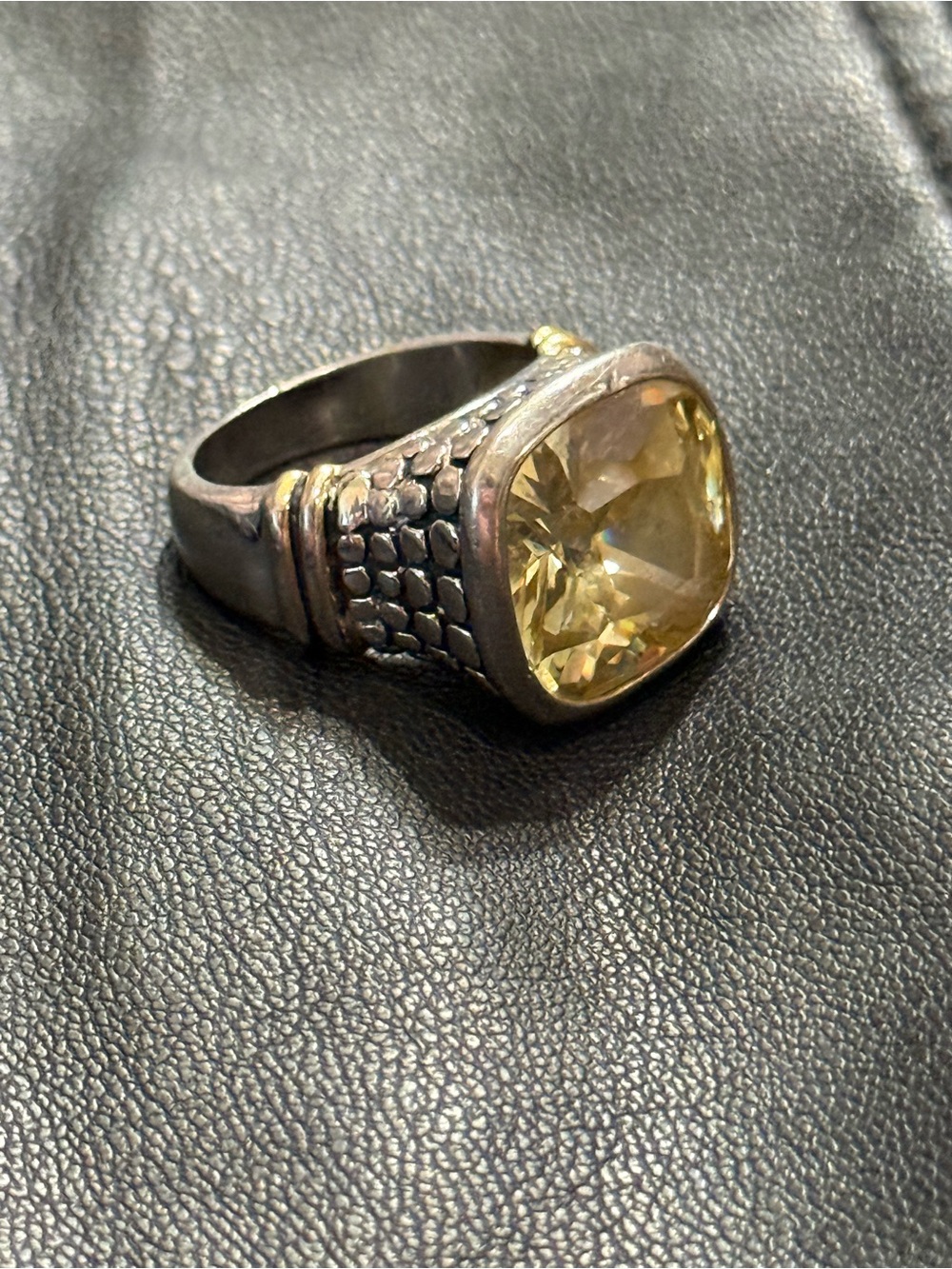Sterling Silver Ring Two Tone Statement  Cushion Cut Yellow Stone Size 8 - Picture 2 of 13